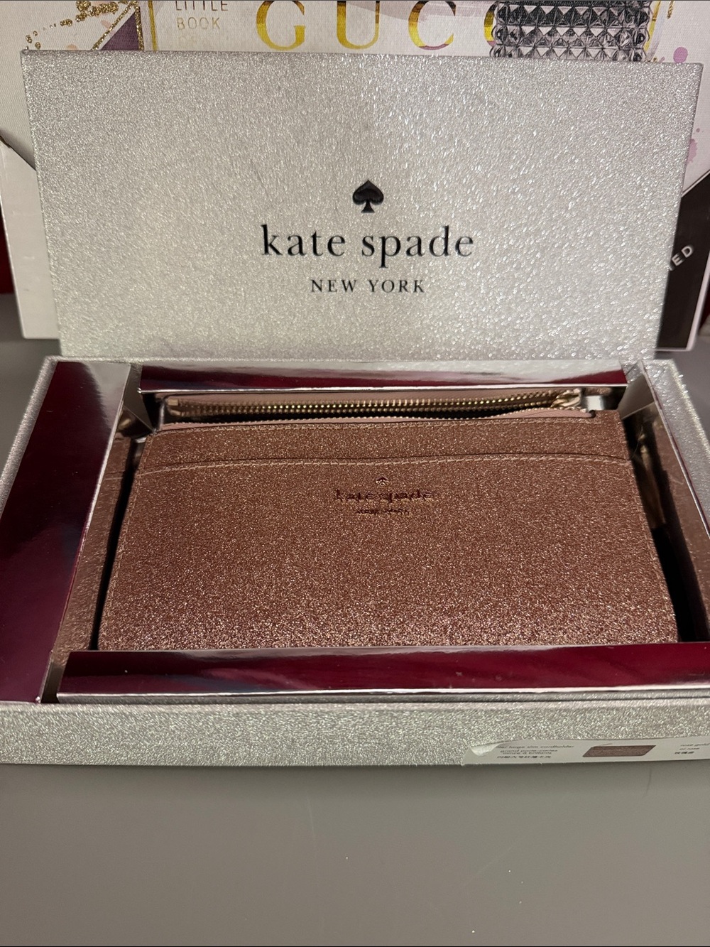 kate spade glitter card pouch in rose gold shimmer